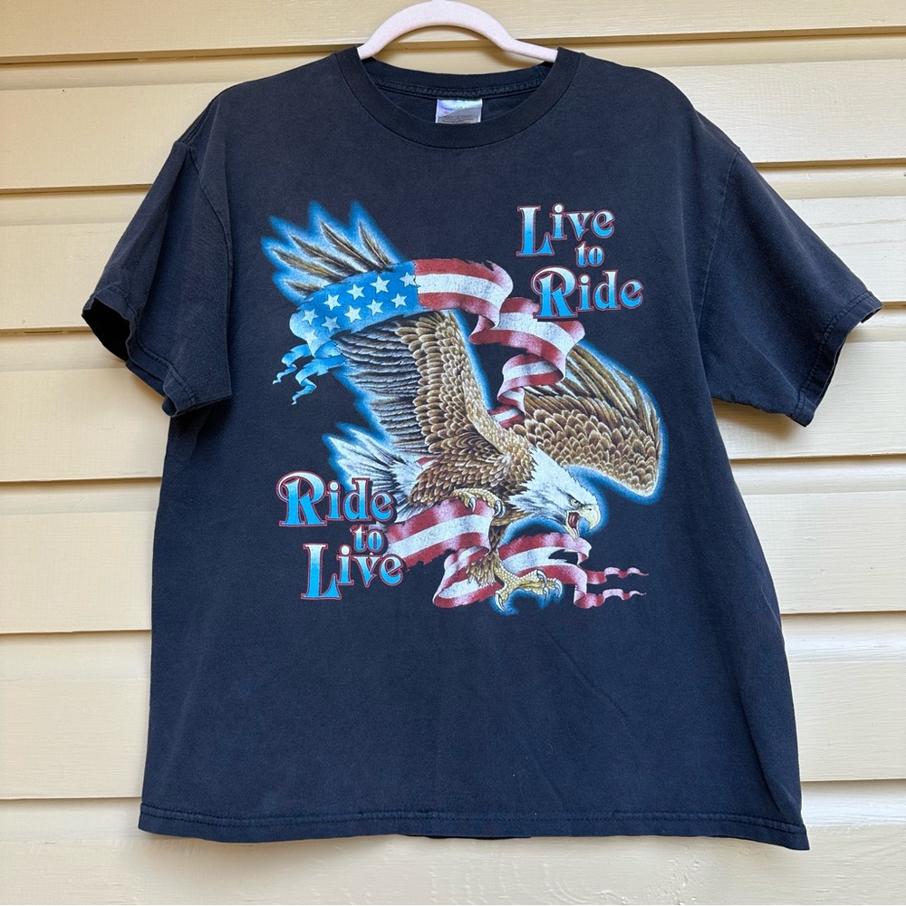 Vintage T Shirt Vtg Tee Eagle America Ride to Live Biker Black Large Cotton